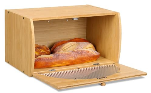 Leader Accessories Bamboo Bread Bin Small Bread Box Storage Space for Kitchen translucent window 15.4x8.3x9.8