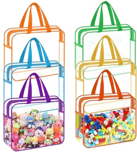 6 Colors Clear Toy Storage Bags PVC,Waterproof Kids Toy Organizing Bags with Handles, Plastic Storage Bag Transparent Organizer Reusable Zipper Travelling Pouch for Building Blocks (11.8x8.6x3.9in)