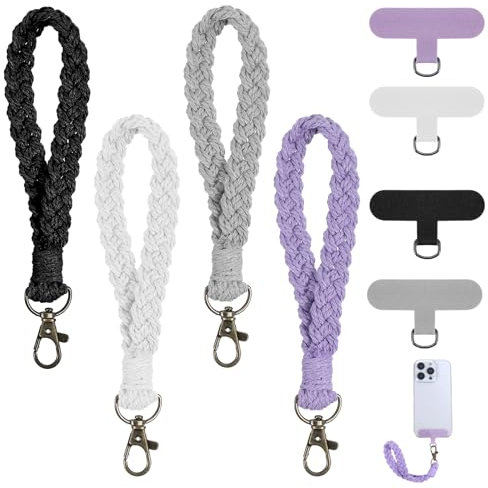 CIATBYYJ Lot de 4 sangles de poignet anti-perte de téléphone portable de style bohème pour homme et femme, avec languettes d'attache, cordon de poignet pour clés (gris, noir, blanc, violet)