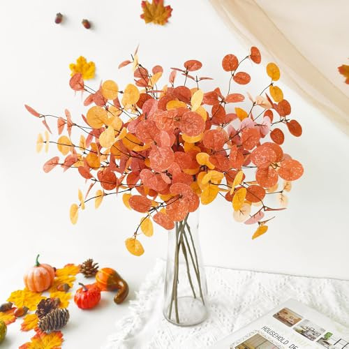 RHQFDM 6 Piezas Rama Artificial de Eucalipto,Tallos Artificiales de Eucalipto para Otoño,Plantas Decorativas Realistas para Decoración Otoñal,Jarrones,Coronas de Puerta,Decoración de Mesa y Hogar