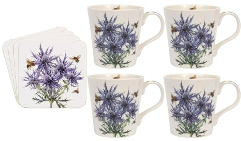 Sarah Boddy Bee-Tanical Thistle Mug & Coaster Set of 4 – Fine China Printed Stylish Ceramic Tea & Coffee Cups with Matching Coasters – Perfect for Home, Kitchen, Men’s & Women’s Gift Ideas