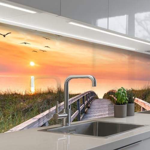 KitchenYeah© Rückwand Küche Rückwandschutz Selbstklebend Spritzschutz | 60x200 cm - Küchenrückwand Küchenfront Küchen Selbstklebende Küchenrückwände Sonnenuntergang - Meer - Weg - Gras - Düne