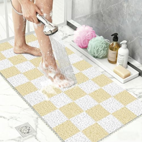 Tappeto Doccia Antiscivolo 50x80 cm a Drenaggio Veloce, Tappetino Bagno Antiscivolo Morbido, Tappeto Antiscivolo da Bagno con Superficie Antimuffa a Quadri Beige e Bianco