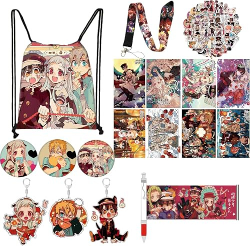 Gonii 67 Pieces Toilet Bound Hanako Kun Gift Set - Including 8 Wallpapers, 1 Gel Pen, 3 Keychains, 50 Waterproof Stickers, 3 Badges, 1 Lanyard, 1 Outdoor Portable Backpack (Color 1)