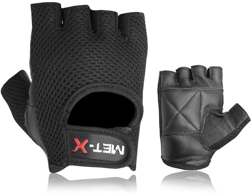 Met-X Suede Leather Microfibre Fabric Gym Training Gloves Medium, Unisex Fingerless Weight Lifting Wheel Chair Gloves, Snug Fit Workout Exercise Extra Grip Breathable (Black-M)