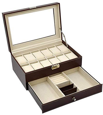 AUTOARK PU-Leder 12 Uhrenbox Schmuckkästchen,abschließbar Armbanduhr mit Schubladen,Glasfenster,Braun,AW-003