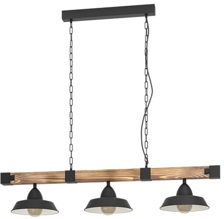 EGLO Pendellampe Oldbury, 3 flammige Vintage Pendelleuchte im Industrial Design, Hängelampe aus Stahl und Holz, Farbe: Schwarz, braun rustikal, Fassung: E27, L: 118 cm