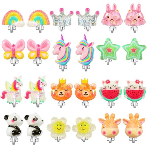 Powerking Ohrclips für Mädchen, Mädchenschmuck-Anziehohrringe und Prinzessin Play Ohrclips für Kinder, 12 Paare,Einhorn Bling