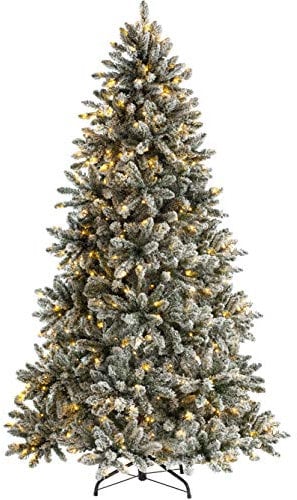 WeRChristmas Pre-Lit Full Bodied Snow Flocked Christmas Tree with 450 Chasing Warm LED Lights, Multi-Colour, 7 feet/2.1m