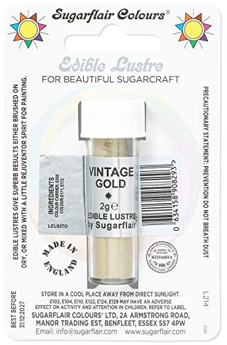 Sugarflair Vintage Gold Edible Lustre Dust, Add a Lustrous Shine to Cakes or Decorations. Brush On or Add Rejuvenator to Create Eye-Catching Edible Paint, Gives Shine to Your Bakes - 2g