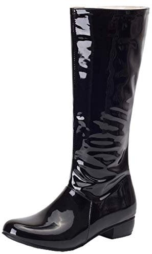 MISSUIT Damen Kniehoch Stiefel Flach Lack Kniehohe Stiefel mit Niedrigem Absatz Reißverschluss Bequem Schuhe(Schwarz,40)