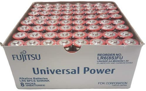 Fujitsu Universal Power Alkaline Batteries LR6(8S)/ AA, 1.5V Double A battery, Pack of 64 Batteries
