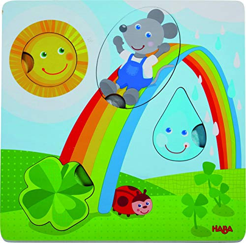 HABA 305345 - Fühlpuzzle Maus, Spiel aus Holz mit Stoff ab 1 Jahr, Steckpuzzle mit Fühlelementen fördert das Greifen und taktile Wahrnehmung