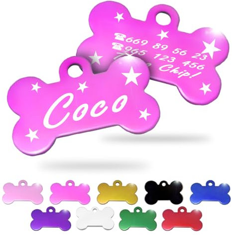 Ibera Gifts - Chapa Perro Grabada en Forma de Hueso, Placa Perro Personalizada para Perros y Gatos Pequeños y Medianos, Tamaño 30 x 20 mm, Chapa Identificativa Perro y Gato (Fucsia con Estrellas)