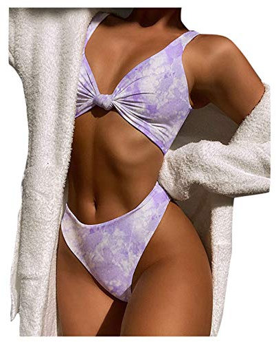 COMIOR Damen Bikini Push Up Zweiteiliger Sexy Knicken Triangel BH Bikinioberteil und Bikinihose Badeshorts Badeanzug Mädchen Strand Urlaub Sommer Tie-Dye-Druck Rot Blau Lila Grün Bademode Frauen