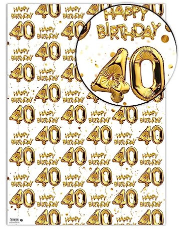 Brainbox Candy - 2 Bögen lustiges Geschenkpapier zum 40. Geburtstag – weißgoldenes Ballonpapier – vierzig Geschenkpapier für Sie und Ihn, Männer, Frauen, zum 40. Geburtstag – gefaltete Qualitätsfolie