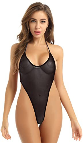 Oyolan Body String Sexy Femme Dentelle Micro Bikini Ficelle Dos Nu Lingerie Erotique Body Col V Décolleté Plongeant Monokini Maillot de Bain Type B Noir Taille Unique