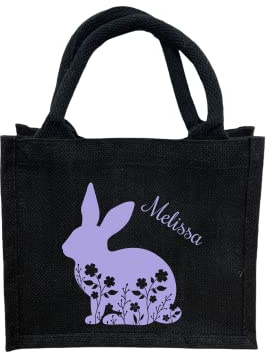 minimutz Bedruckte Jutetasche zu Ostern mit Name | Motiv Hase in Wiese für Kinder | Personalisiertes Osternest zum Befüllen inkl. Namensdruck | Geschenktasche mit Henkel als Osterkörbchen schwarz