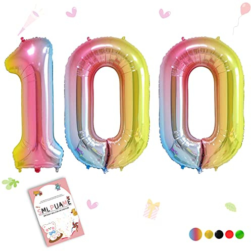 Smlpuame Rainbow Number 100 Balloons, 40 Inch Gradient Birthday Foil Balloon for Boys Girls, Self Inflating Helium Mylar Balloons 0-9 for Women Anniversary Party Celebration Decorations Supplies