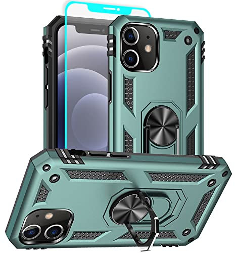 Aozuoton for iphone 12 Case, iphone 12 Pro Phone Case with HD Screen Protector, [Military Grade 16ft. Drop Tested] Ring Shockproof Protective Phone Case for iphone 12 Dark Green