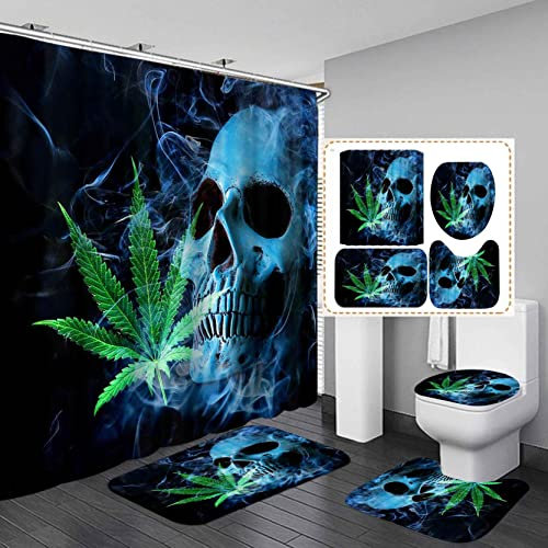 OLEBETY 4-teiliges blaues Totenkopf-Duschvorhang-Set, grünes Marihuana, Cannabis, Unkrautblatt, Rauch, Stoner, Halloween, Gothic, wasserdichter Stoff-Duschvorhang, rutschfeste Badematte