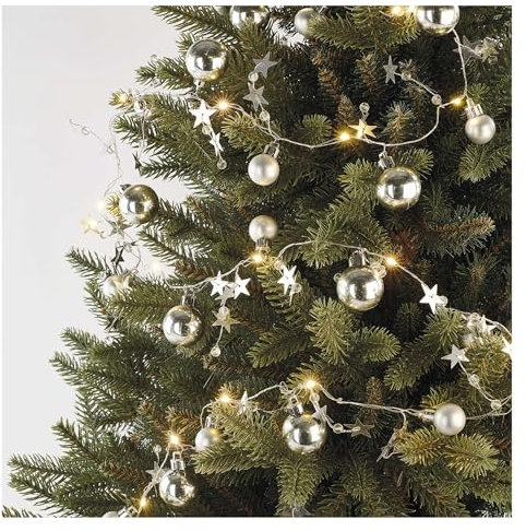 EMOS silberne Lichtergirlande mit 20 LEDs, dekorative LED-Girlande mit Kugeln und Sternen 190cm, 6/18 h Timer-Funktion, Batteriebetrieben (2x AA), Leuchtdauer 10.000 h, IP20 für Innenbereich