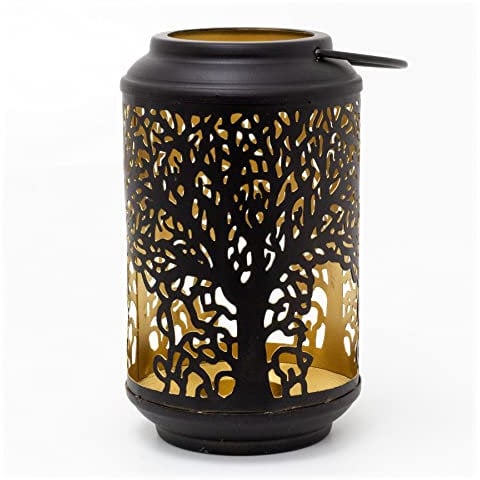 18cm Black Metal Tree Of Life Cut Out Hanging Lantern | Decorative Tea Light Candle Holders For Home Garden Patio | Hurricane Candle Lantern