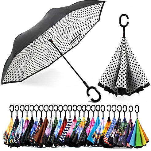 SIEPASA 124/142 cm umgekehrter umgekehrter Regenschirm, extra groß, doppelt, belüftet, winddicht, wasserdicht, Golfschirme mit C-förmigem Griff, weiße Punkte, 124 cm