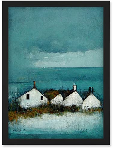 Doppelganger33 LTD Scottish Seascape White Cottages On Teal Artwork Framed Wall Art Print A4