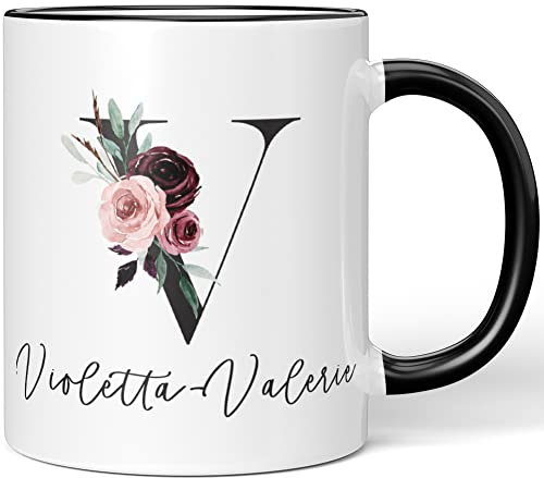 JUNIWORDS Tasse, Violetta-Valerie, Name Anfangsbuchstabe Initial Alphabet Floral Buchstabe V Monogramm Motiv, Schwarz (5608882)