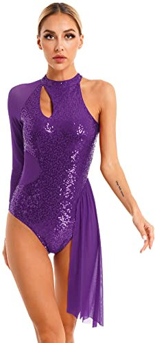 IEFIEL Justaucorps Femme Gymnastique Body Danse Latin Jazz Rumba Compétition Leotard Ballet Danse Tango Ballroom Frange Dancewear Sequins Violet S