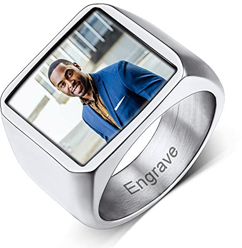 Custom4U Edelstahl Herren Siegelring Silber mit Fotogravur Personalisierter Männer Jungen Fingerring Biker Foto Siegelring für Verlobungsring Ehering Trauring Memorial Foto Geschenke