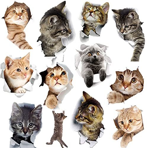 Keboyoe 12 Pezzi Adesivi con Gatto 3D Adesivi Murali Gatti 3D Adesivo Gatto Adesivi da Parete Rimovibili Decori Murale per Frigorifero Cucina Camera WC Bagno Auto Finestra