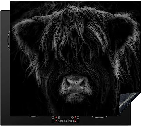 KitchenYeah© Induction Hob Protector Mat Stove Cap Top Cover Kitchen Cooker | 20.2x22.9 / 58.3x51.3 cm - Covers for Electric Hobs Vinyl Scottish Highlander - Cow - Black - White - Animals