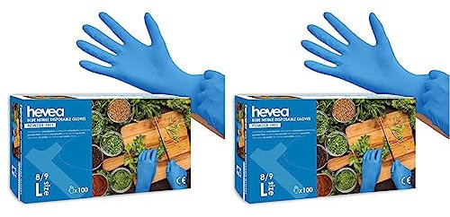 Hevea - Guanti monouso in nitrile. Senza polvere e lattice. 1 scatola da 100 guanti. Taglia: M (media) Colore: blu (Confezione da 2)