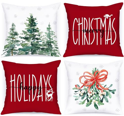 Lanpn 4 Stück Kissenbezug Weihnachten Kissenhülle 50x50 cm, Moderne Winterliche Wald Dekorative Weihnachtskissen 50 x 50 für Weihnachtsdeko Christmas Bettwäsche Sofa Decorations (Rot)