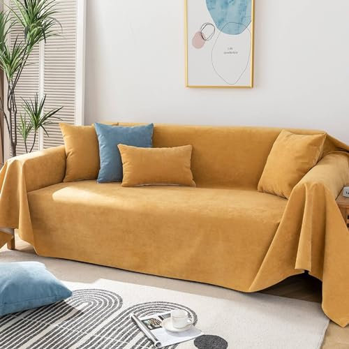 Mesnt Überwurf für Sofa, Kurkuma Waschbar Sofa Protection Cover Schonbezug Couch Einfarbig aus Polyester, 180x400cm