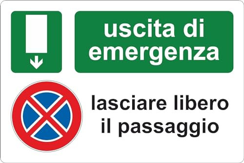 M-ITALY CARTELLO SEGNALETICO - Divieto di sosta uscita d'emergenza - Adesivo Extra Resistente, Pannello in Forex, Pannello In Alluminio (20x31 cm, Plastica)