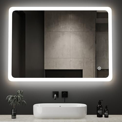 Boromal LED Badspiegel mit Beleuchtung 80x60cm Badezimmerspiegel 3 Lichtfarbe Dimmbar 3000-6500K 2880LM Kaltweiß Neutral Warmweiß Wandspiegel Lichtspiegel LED Spiegel mit Touch Schalter