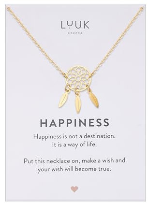 LUUK LIFESTYLE Edelstahl Halskette mit Traumfänger & Feder Anhänger inklusiv HAPPINESS Spruchkarte, Schutzsymbol der Indianischen Kultur, verstellbare Kettenlänge, 50cm, Gold
