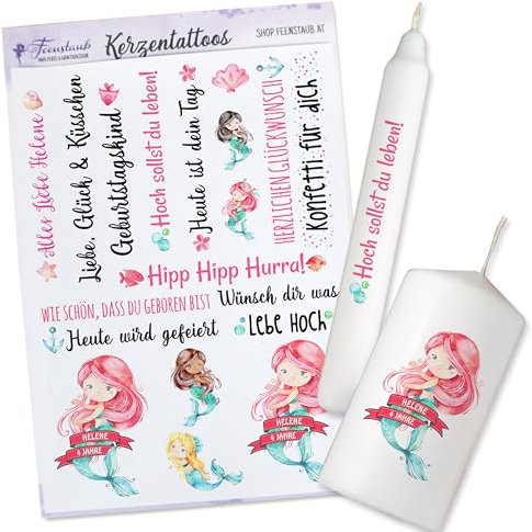 FEENSTAUB Kerzentattoos Geburtstag, personalisierbare Schiebefolie für Kerzen, Kindergeburtstag Meerjungfrau, Kerzendeko, Folie für Kerzen, Geburtstagskerzen, Geburtstagslicht mit Meerjungfrauen