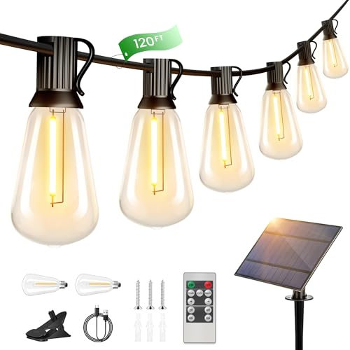 Torkase Solar Festoon Lights Outdoor, 120FT Solar String Lights Waterproof with 50+2 Shatterproof LED Bulbs, Remote Control Timer, Garden Lights with 3 Modes, Battery Operated, for Patio Fence Camping