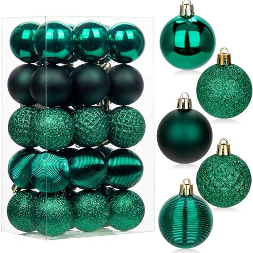 30 palline di Natale con cordini, 50 mm, verde scuro, in plastica infrangibile, da appendere, ciondoli per albero di Natale, per casa, feste, matrimoni, vacanze