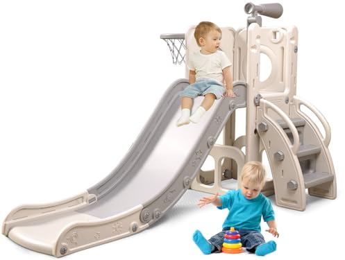 Baotree 6 in 1 Toddler Playset with Slide, Kids Slide with Basketball Hoop, Ball, Ring Toss, Indoor Outdoor Toys (White Grey)