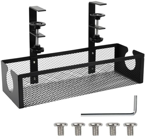 Under Desk Cable Management Tray No Drill, Black Basket Tray, Mesh Table Desk Tidy for Managing Cables and Power Strips, Wire Plug Organiser Box (B)