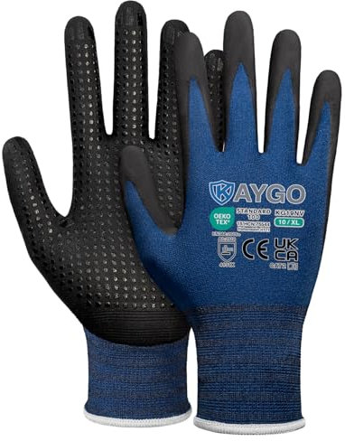 KAYGO 3 Paar Arbeitshandschuhe mit Grip Noppen für Anti-Rutsch Griff, KG19N, Nitril beschichtet Leicht Ölbestandig, Nylon Schutzshandschuhe für Arbeit, Auto, Lager (Navy Blau, XL, Gr 10)