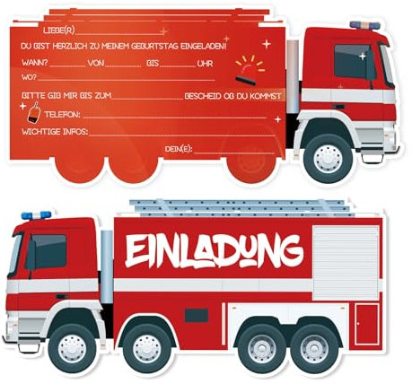 Werfunee - 12er Einladungskarten Kindergeburtstag Junge - 15 x 7 cm Feuerwehr Einladungskarten Kindergeburtstag Geburtstag - Einladung Kindergeburtstag Junge - Geburtstagseinladungen Junge