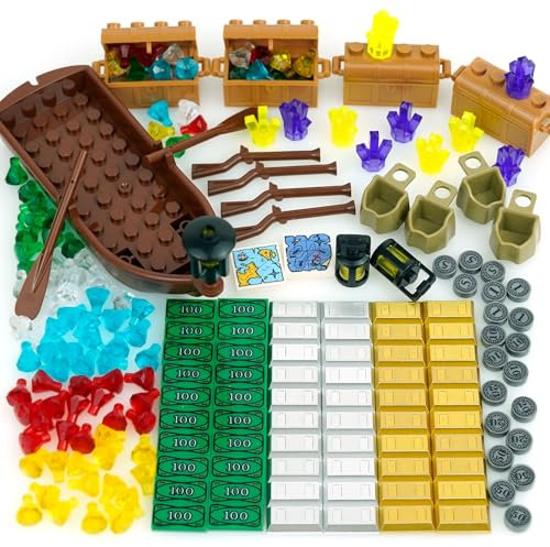 Geld Diamanten Kristalle Gold Schatztruhe Bausteine, Piraten Schiff mit Goldbarren, Silberbarren, Münzen,100 Dollarschein Bargeld, Gewehre Rucksack, Laterne, Spielzeuge Kompatibel mit großen Marken