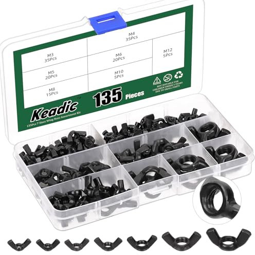 Keadic Set di 135 dadi ad ala M3 M4 M5 M6 M8 M10 M12 in acciaio al carbonio nero zincato dadi ad ala di fissaggio a mano torsione per serrare orecchio, dadi ad ala farfalla (metric)
