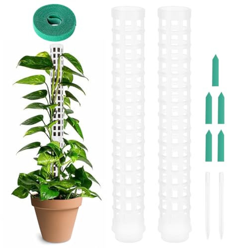 OFFCUP Palo di Muschio,2Pcs Sostegno Piante Rampicanti, Aste di Muschio con 1Pcs Piante e 5Pcs Etichette, Moss Pole Muschio, Bastoncini per Piante impilabili in plastica (Bianco)